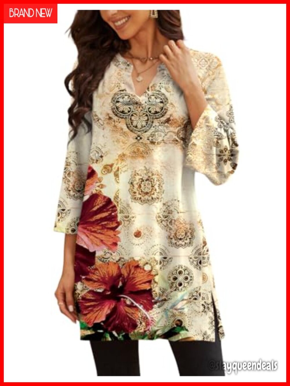 Bell Sleeve Tunic Top 3/4 Loose Fit Side Split Flare Top for Leggings
